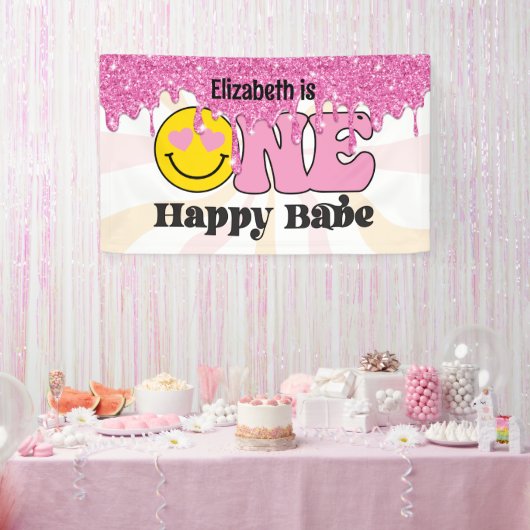 Groovy Peach Pink One Happy Babe Birthday Banner (Party)