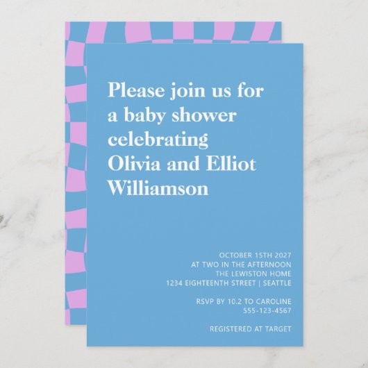 Groovy Periwinkle Checkerboard Niedliche Babydusch Einladung (Vorne/Hinten)