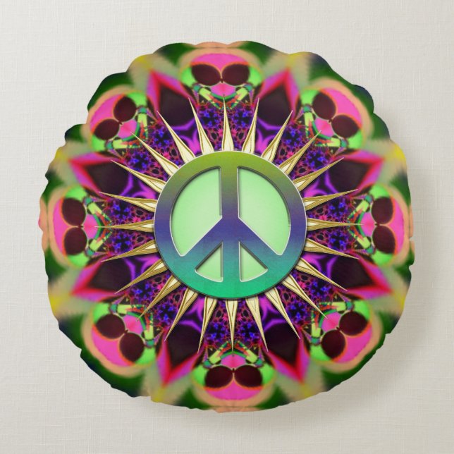 Groovy Pink Alien Peace Sign Rundes Kissen (Vorderseite)