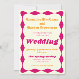 Groovy Pink and Gold Wavy Border Wedding Einladung