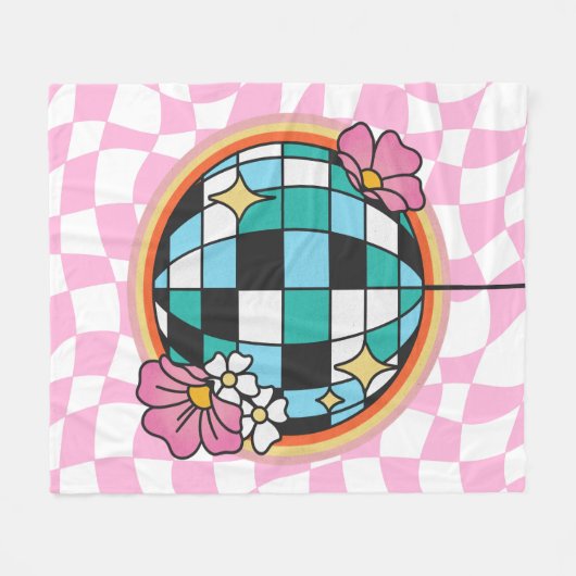 Groovy Pink Disco Ball 60er Hippie Retro Checkered Fleecedecke (Vorderseite (Horizontal))