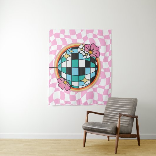 Groovy Pink Disco Ball 60er Hippie Retro Checkered Wandteppich (Beispiel)