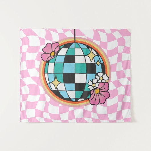 Groovy Pink Disco Ball 60er Hippie Retro Checkered Wandteppich (Vorderseite (Horizontal))