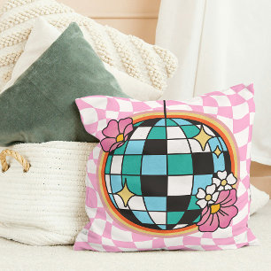 Groovy Pink Disco-Kugel 60er Hippie Retro Karo Kissen