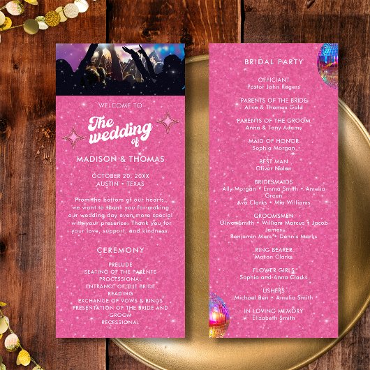 Groovy Pink Glitzer Ball Wedding Programm