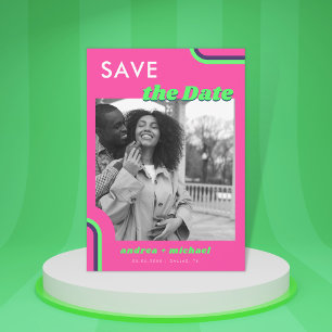Groovy Pink Rainbow Foto Retro Wedding Website Save The Date