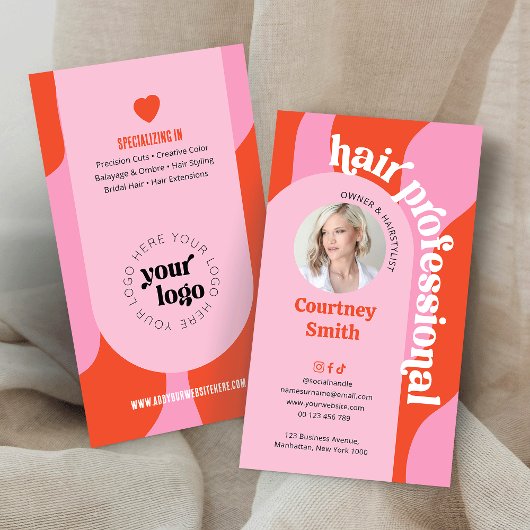 Groovy Pink & Red Modern Hair Stylist Salon Foto Visitenkarte