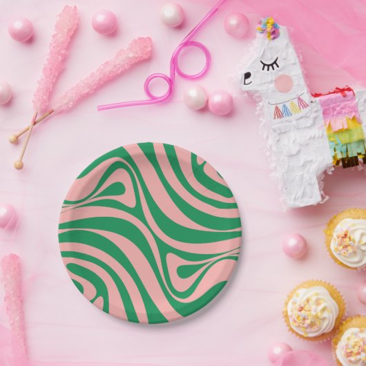 Groovy Pink und Green Retro Wirbel Pappteller (Party)