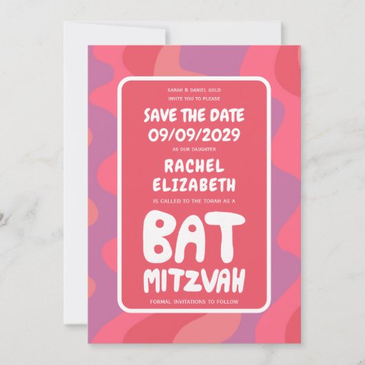 Groovy Pink Waves Custom Bat Mitzvah Save The Date (Vorderseite)
