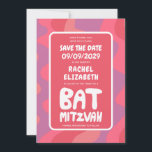 Groovy Pink Waves Custom Bat Mitzvah Save The Date<br><div class="desc">Perfekte Karte, um eine Fledermausmitzvah oder andere jüdische Feier zu verkünden und die Gäste Save the Date fragen! Handgefertigte Kunst für Sie mit Griffe auf der Vorder- und Rückseite! Vollständig anpassbar! Klicken Sie auf "Personalisieren" oben, um den Text zu bearbeiten. Klicken Sie auf "Bearbeiten mit dem Design-Tool", um die Schriftart,...</div>