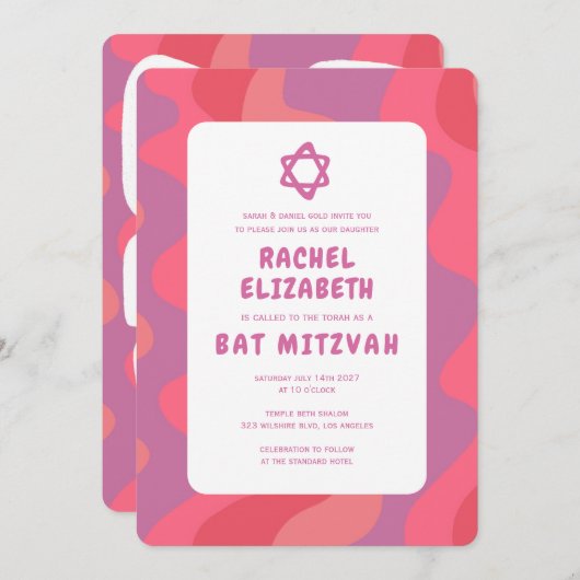 Groovy Pink Waves Star von David Custom Bat Mitzva Einladung (Vorne/Hinten)