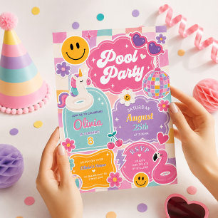 Groovy-Poolparty Retro-Lächeln Gesicht Mädchen Geb Einladung