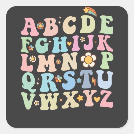 Groovy Pre K Kindergarten Alphabet ABC Retro Quadratischer Aufkleber (Vorderseite)