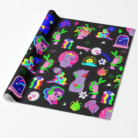 groovy psychedelic medusa disco schwarz geschenkpapier (Ungerollt)