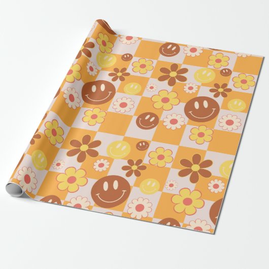 Groovy psychedelic Retro Smiley Checkerboard, Geschenkpapier (Ungerollt)