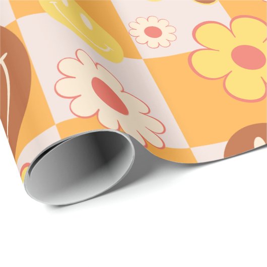 Groovy psychedelic Retro Smiley Checkerboard, Geschenkpapier (Rolleneckpunkt)
