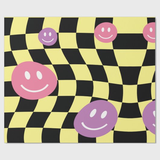 Groovy psychedelic Retro Smiley Checkerboard, Geschenkpapier (Flach)