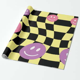 Groovy psychedelic Retro Smiley Checkerboard, Geschenkpapier
