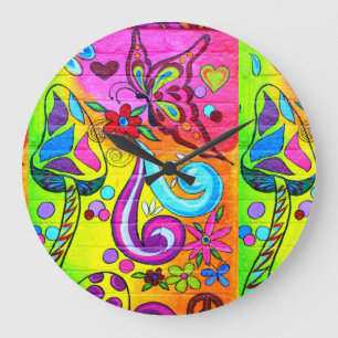groovy psychedelischer Musahroom- und Schmetterlin Große Wanduhr
