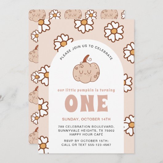 Groovy Pumpkin Daisies Retro Boho Erster Geburtsta Einladung (Vorne/Hinten)