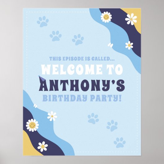 Groovy Puppy Welcome Sign Poster Birthday Blue (Vorne)