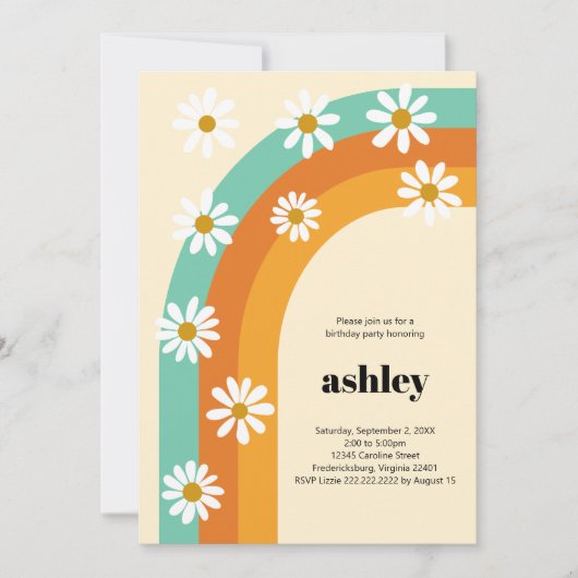Groovy Rainbow 1970s Boho Daisy Birthday Party Einladung (Vorderseite)