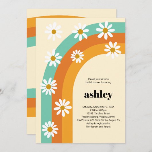Groovy Rainbow 1970s Boho Daisy Brautparty Einladung (Vorne/Hinten)