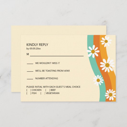 Groovy Rainbow 1970s Style Boho Daisy Wedding RSVP Karte (Vorne/Hinten)