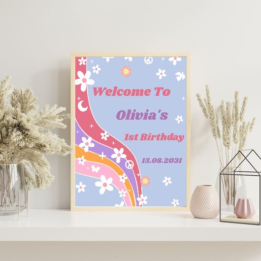 Groovy Rainbow Birthday Party Begrüßungszeichen Poster