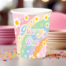 Groovy Rainbow Retro Daisy Birthday Party Pappbecher