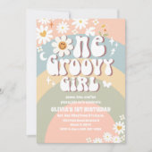 Groovy Regenbogen Daisy 1. Geburtstag Einladung (Vorderseite)