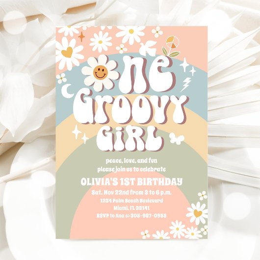 Groovy Regenbogen Daisy 1. Geburtstag Einladung