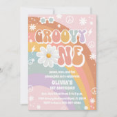 Groovy Regenbogen zum ersten Geburtstag Einladung (Vorderseite)