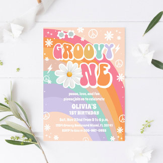Groovy Regenbogen zum ersten Geburtstag Einladung