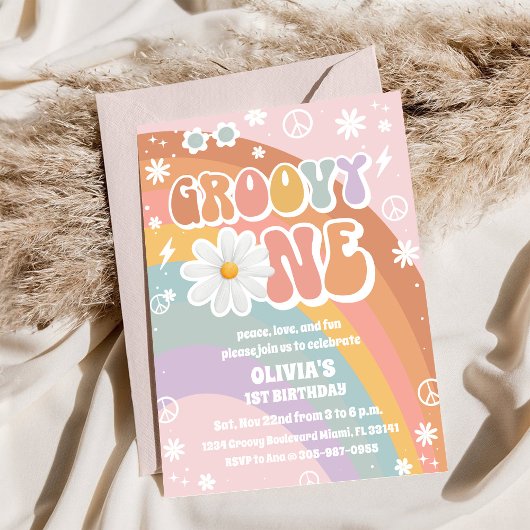 Groovy Regenbogen zum ersten Geburtstag Einladung