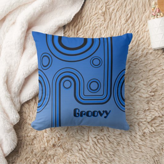 Groovy Retro 1960er Linear Design Blau und Schwarz Kissen (Decke)