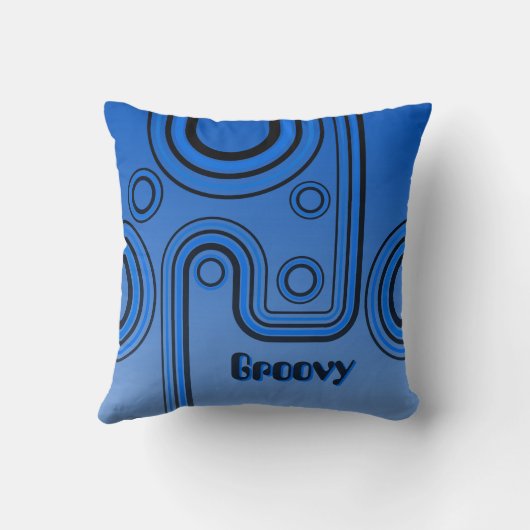 Groovy Retro 1960er Linear Design Blau und Schwarz Kissen (Rückseite)