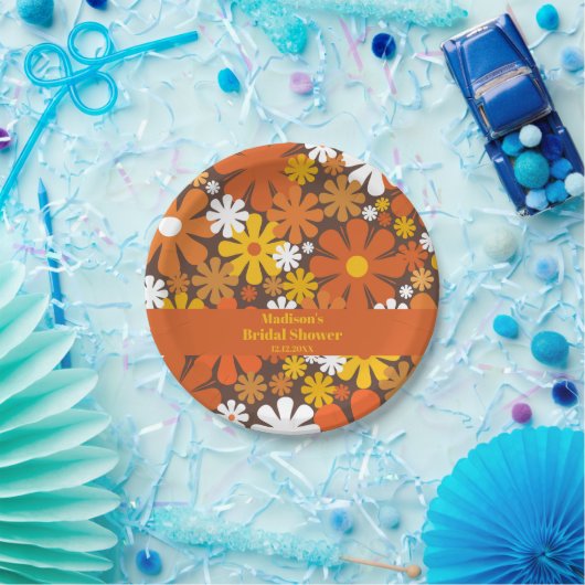 Groovy Retro 60er 70er Blume Pattern Brown Orange Pappteller (Party)
