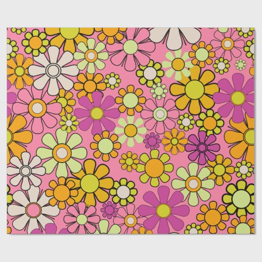 Groovy Retro 60er 70er Hippie Pink Blumenmuster Geschenkpapier (Flach)