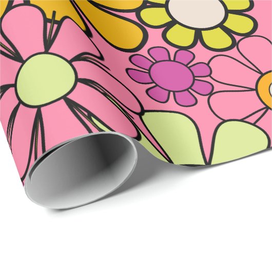 Groovy Retro 60er 70er Hippie Pink Blumenmuster Geschenkpapier (Rolleneckpunkt)
