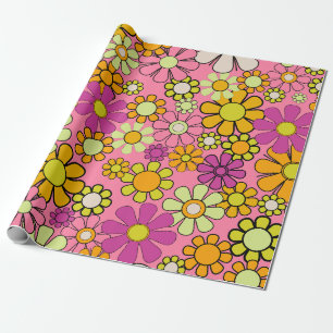 Groovy Retro 60er 70er Hippie Rosa Blumenmuster Geschenkpapier