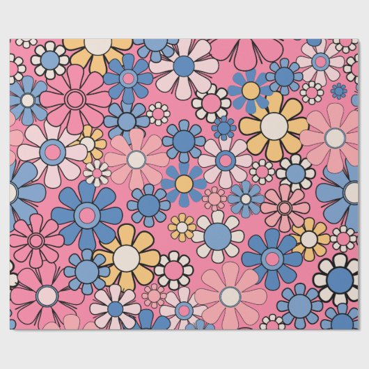 Groovy Retro 60er 70er Hübsch rosa Blumenmuster Geschenkpapier (Flach)