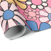 Groovy Retro 60er 70er Hübsch rosa Blumenmuster Geschenkpapier (Rolleneckpunkt)