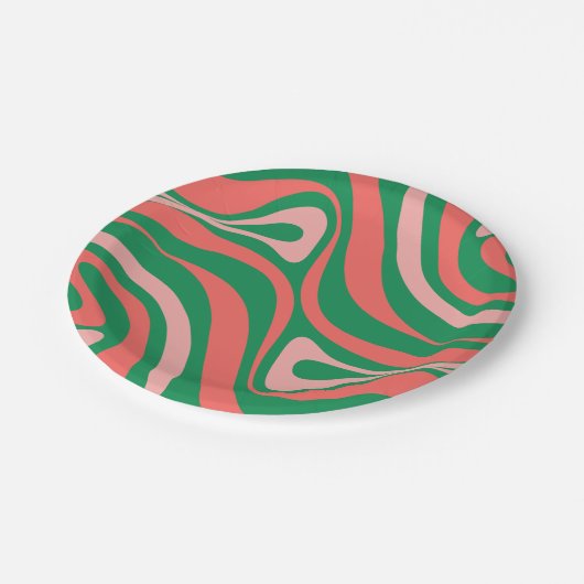Groovy Retro 60er 70er Wirbel in Rosa und Grün Pappteller (Schrägansicht)