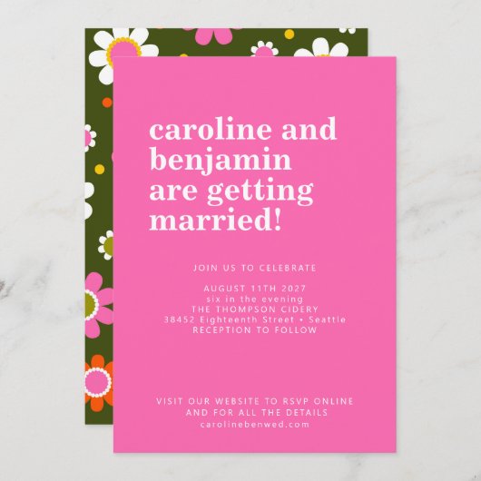 Groovy Retro 60er Blume Bright Pink Bold Wedding Einladung (Vorne/Hinten)