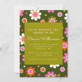 Groovy Retro 60er Blume Olive Green Baby Dusche Einladung (Vorderseite)