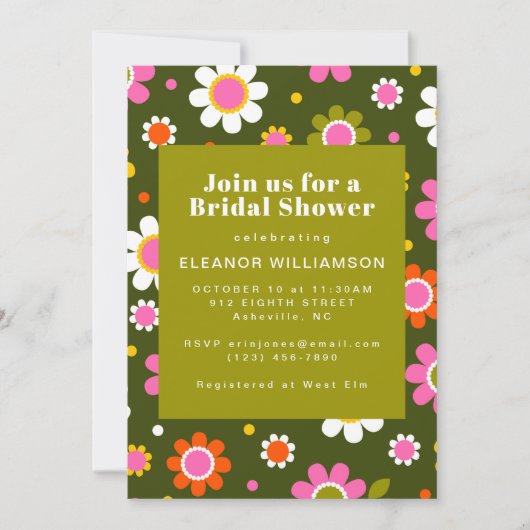 Groovy Retro 60er Blume Olivenöl Grünes Brautparty Einladung (Vorderseite)