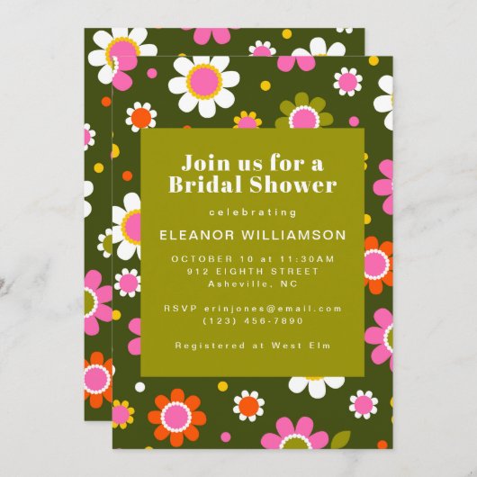 Groovy Retro 60er Blume Olivenöl Grünes Brautparty Einladung (Vorne/Hinten)