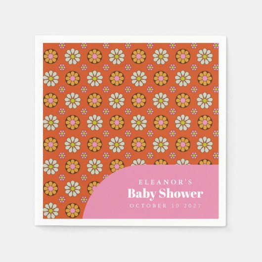 Groovy Retro 60er Blume Orange Babydusche nach Maß Serviette (Vorderseite)