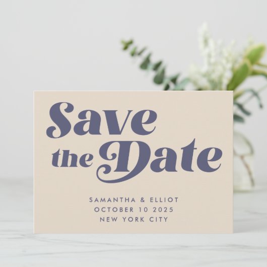 Groovy Retro 70er Beige Navy Blue Simple Save The Date (Stehend Vorderseite)